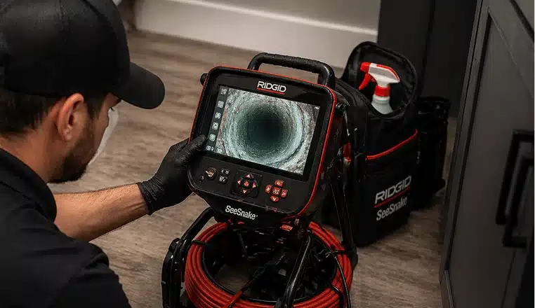 Just Drains technician running a sewer camera inspection