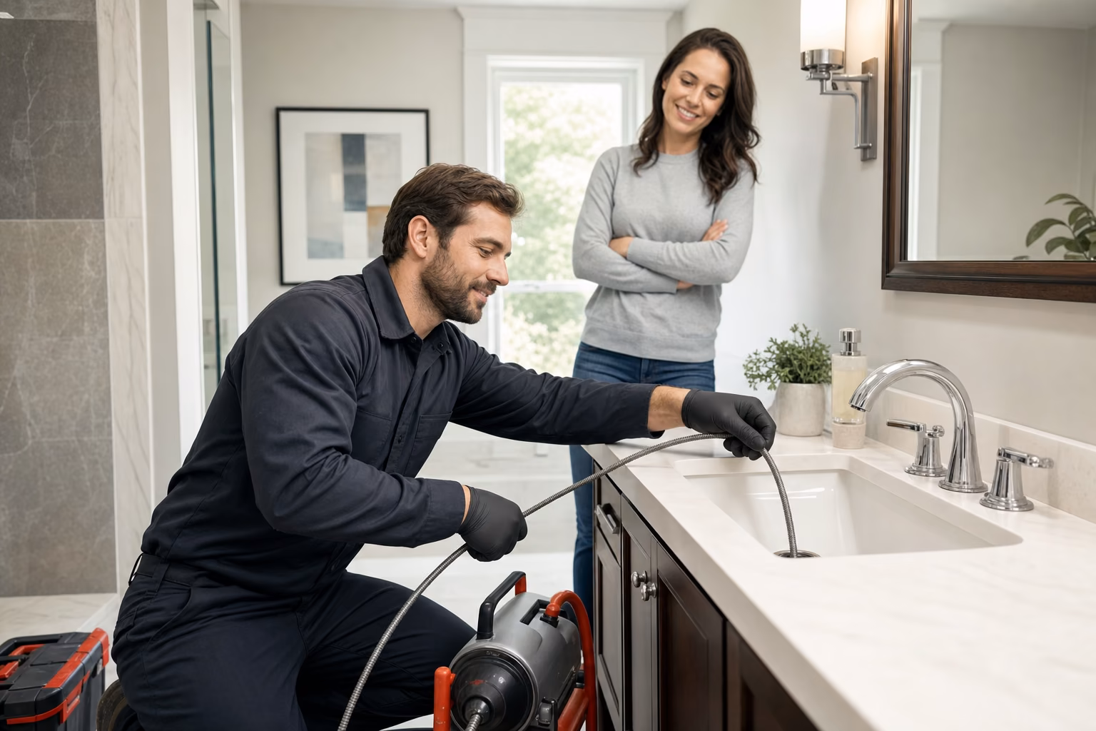 Drain technician running a snake into a bathroom sink drain in a New Jersey home