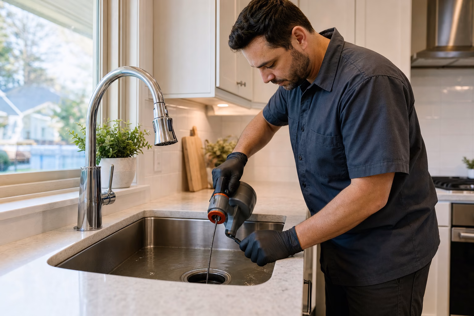 Plumber clearing a greasy kitchen sink clog with a handheld drain auger
