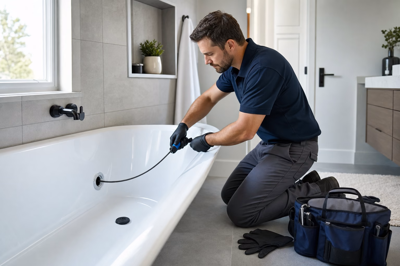 Drain technician clearing a slow bathtub drain in a modern bathroom