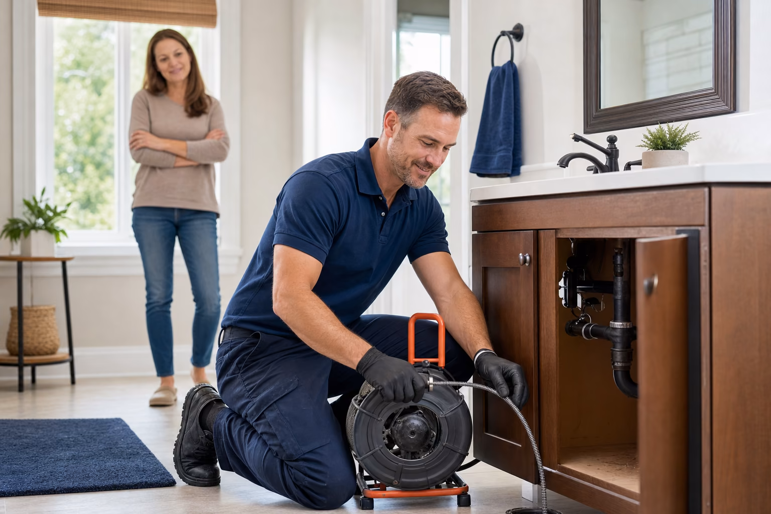Drain technician snaking a bathroom drain while a homeowner looks on