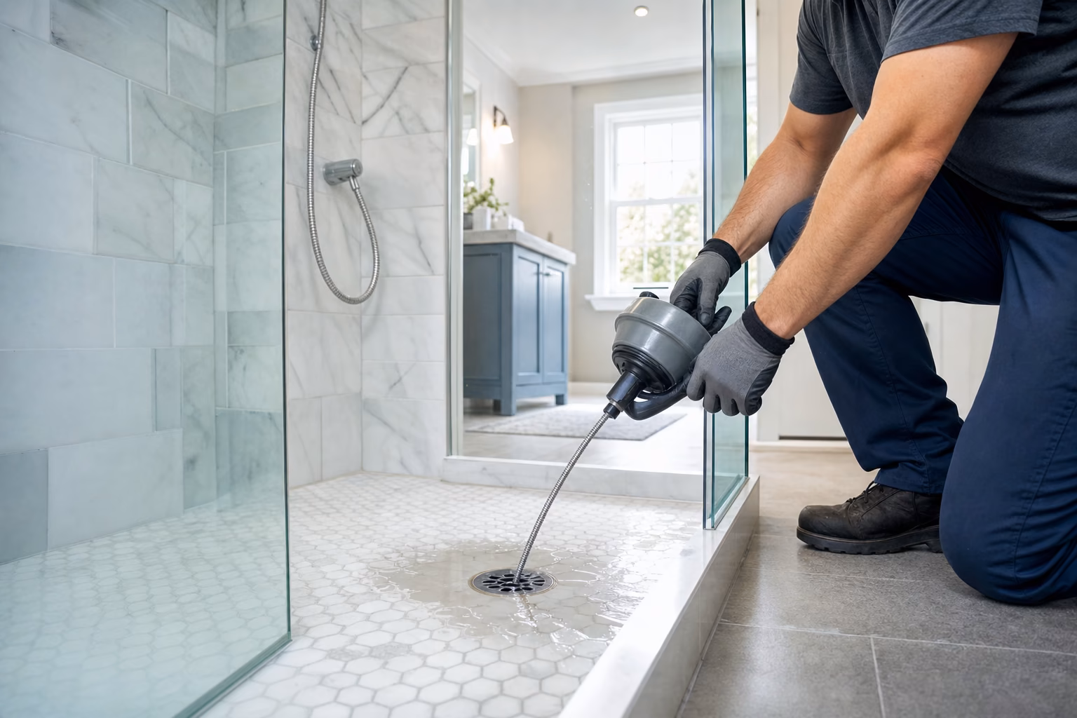Drain technician snaking a tiled shower drain