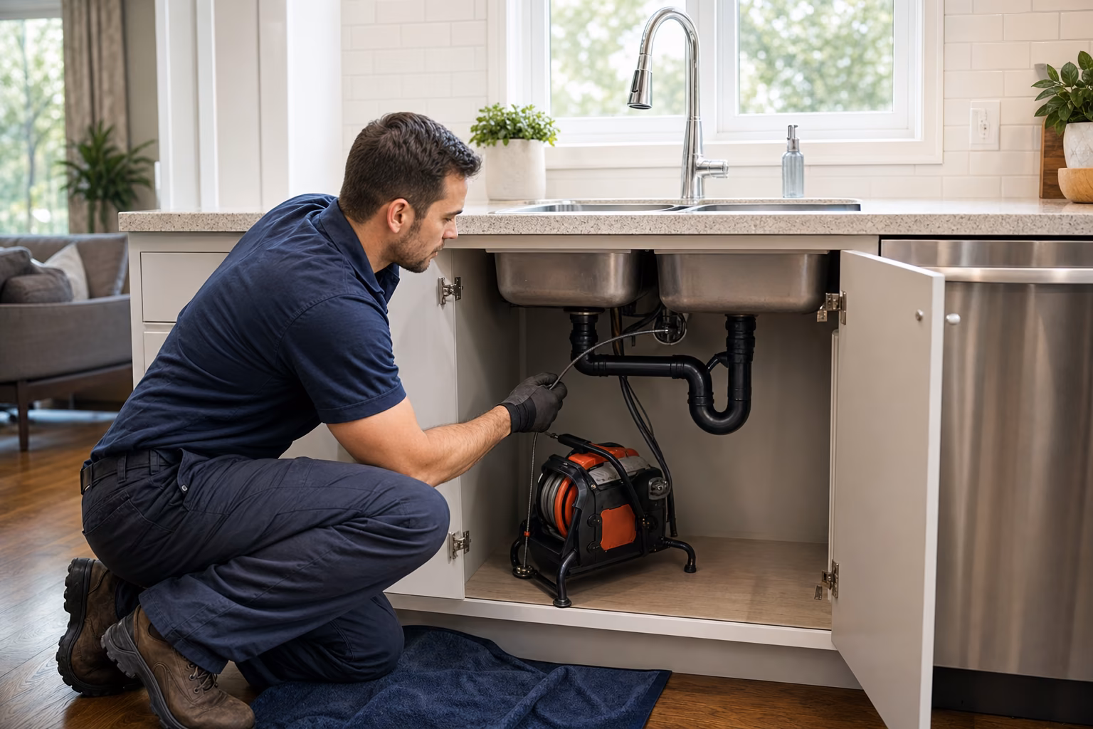Technician working under a kitchen sink to clear the drain line
