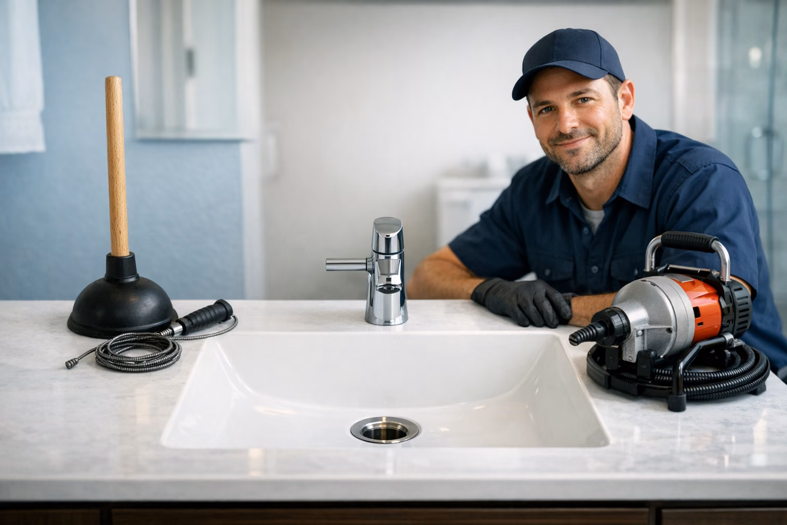 Plunger on a kitchen counter beside a professional drain cleaning machine