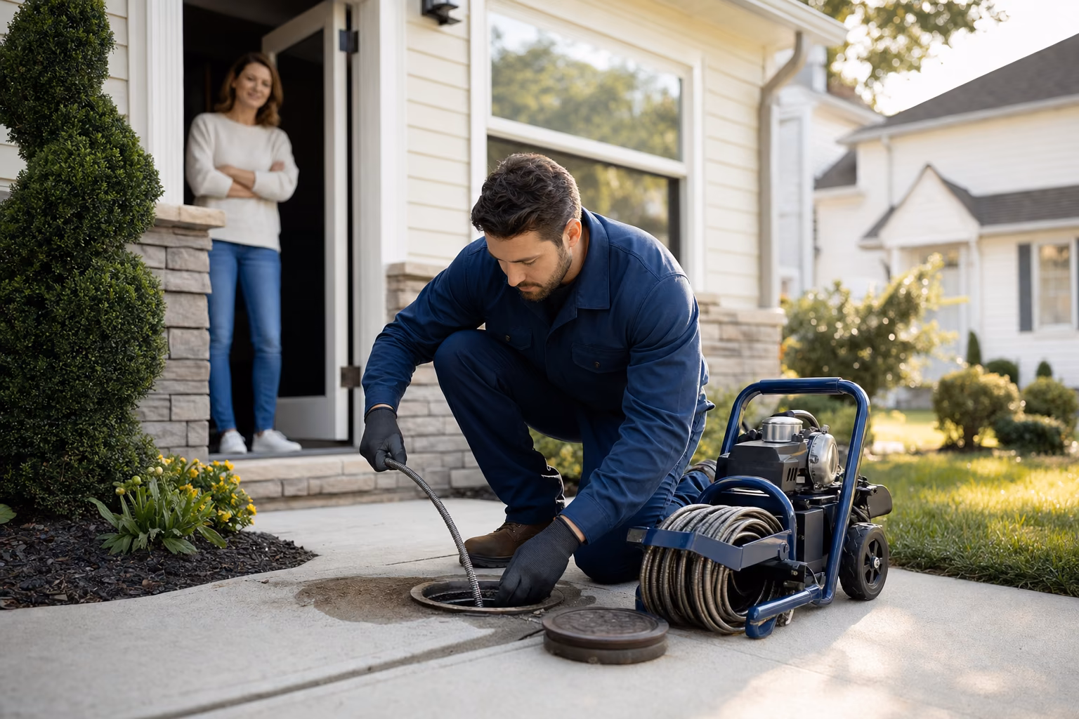 Drain cleaner working at an outdoor sewer cleanout while the homeowner waits at the door