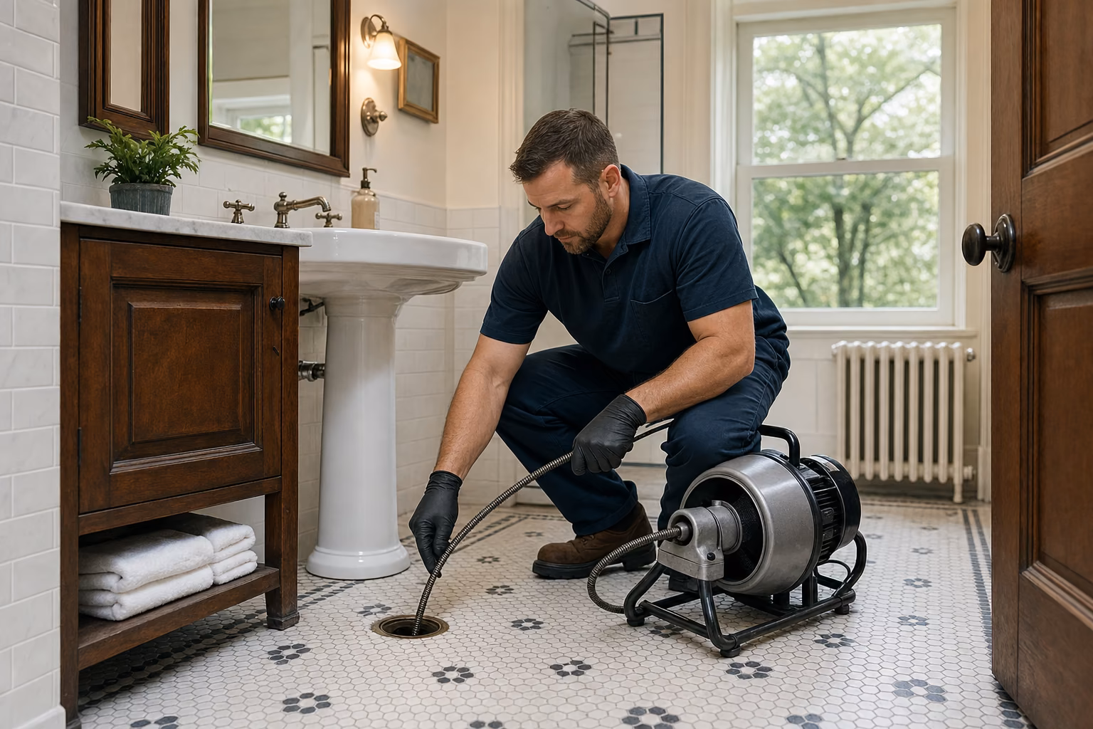 Technician cleaning a drain in a historic home bathroom with vintage tile