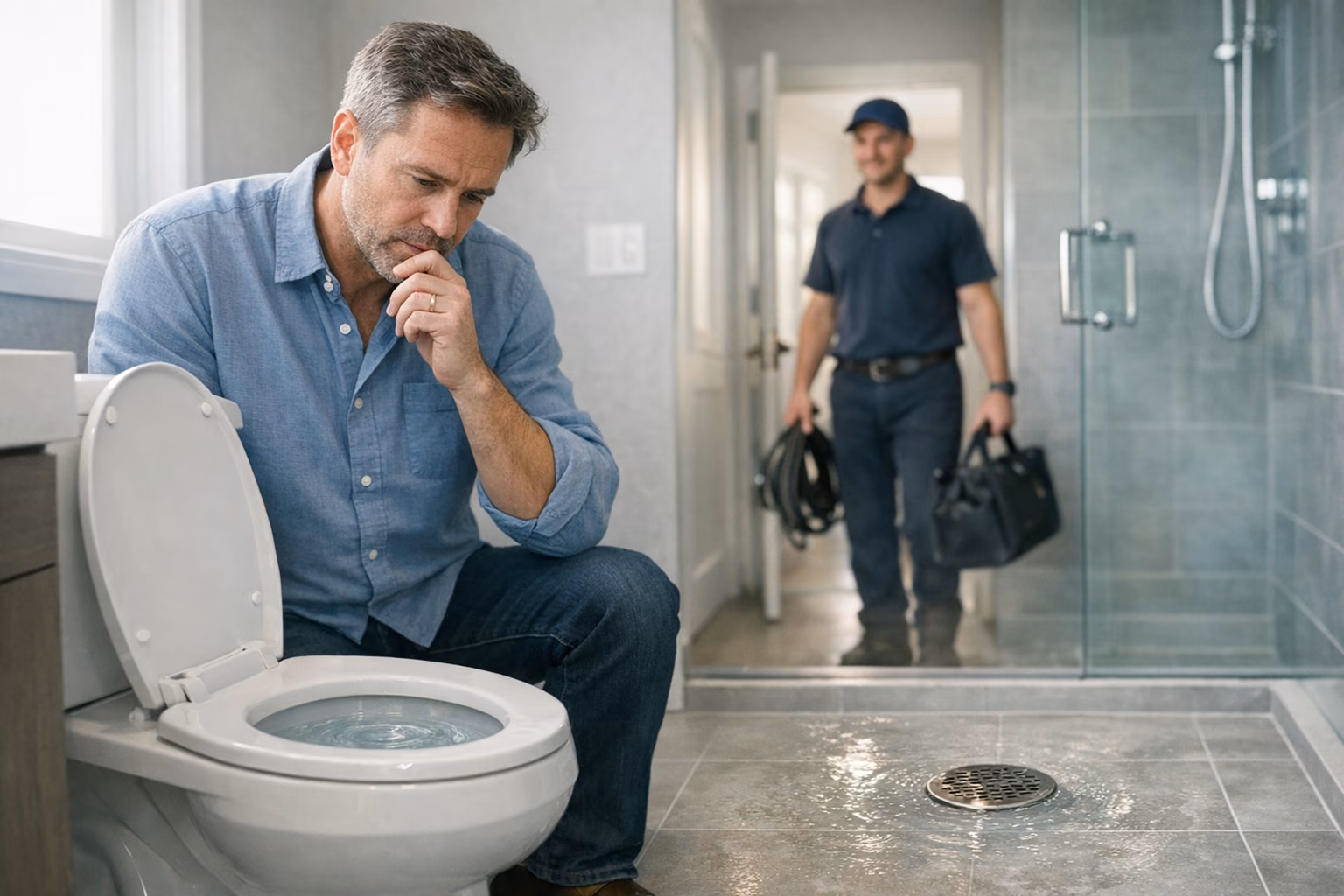 Homeowner facing a toilet backup as a drain technician arrives