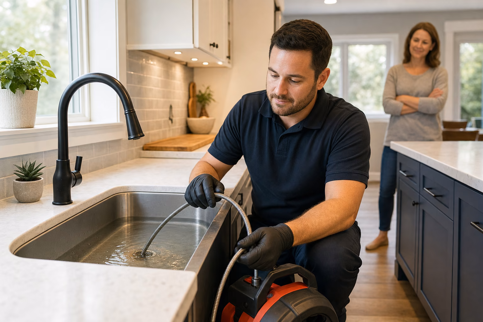 Drain specialist clearing a kitchen sink clog while the homeowner watches