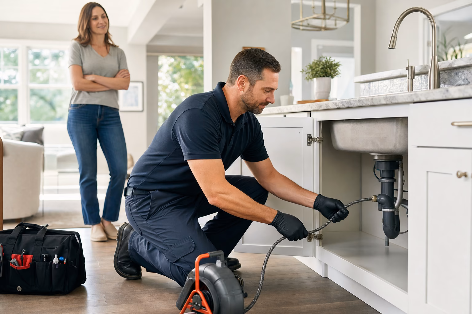 Technician unclogging a kitchen drain line under the sink