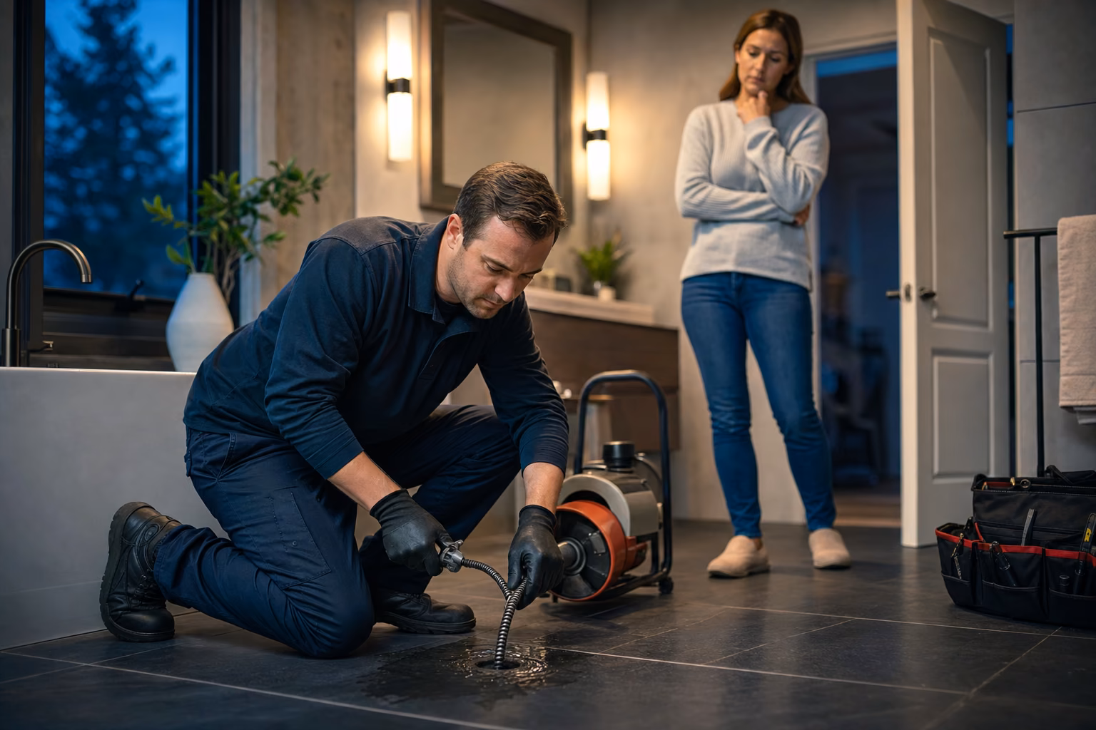 Drain technician setting up drain snaking equipment in a home