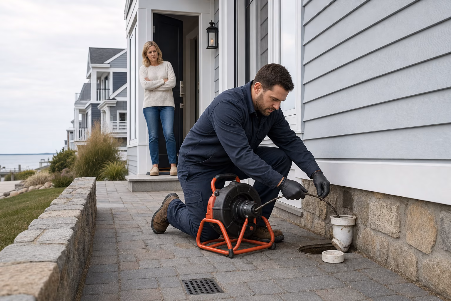 Technician clearing a sewer line at an outdoor cleanout at a Jersey Shore home