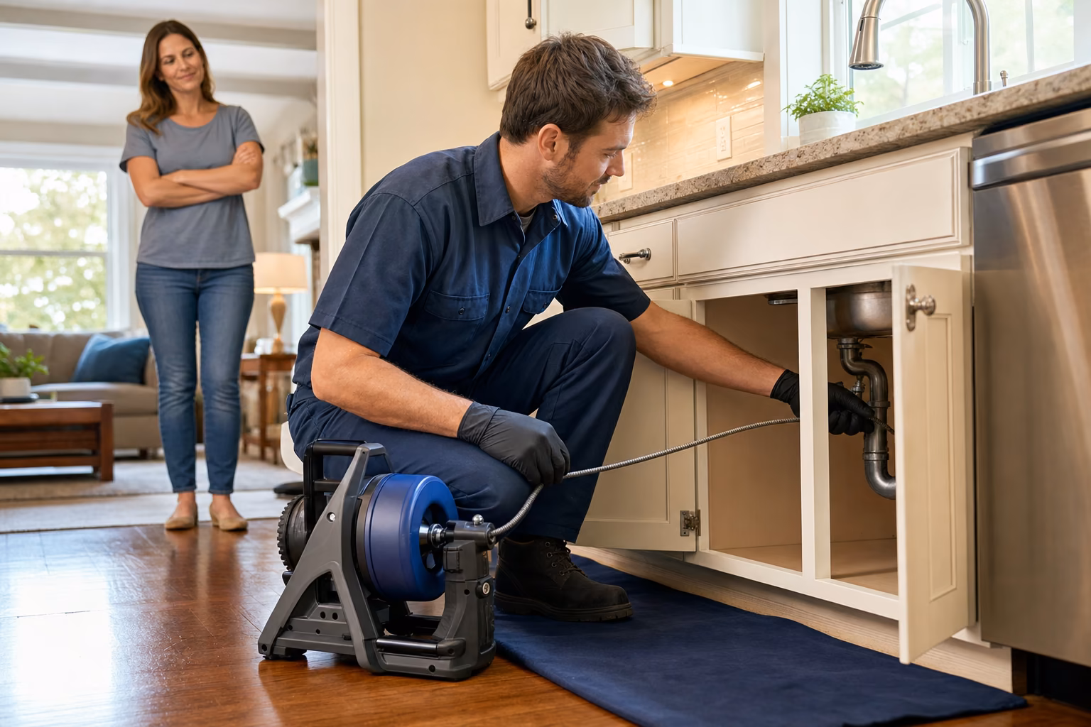 Technician working under a kitchen sink during a drain cleaning appointment
