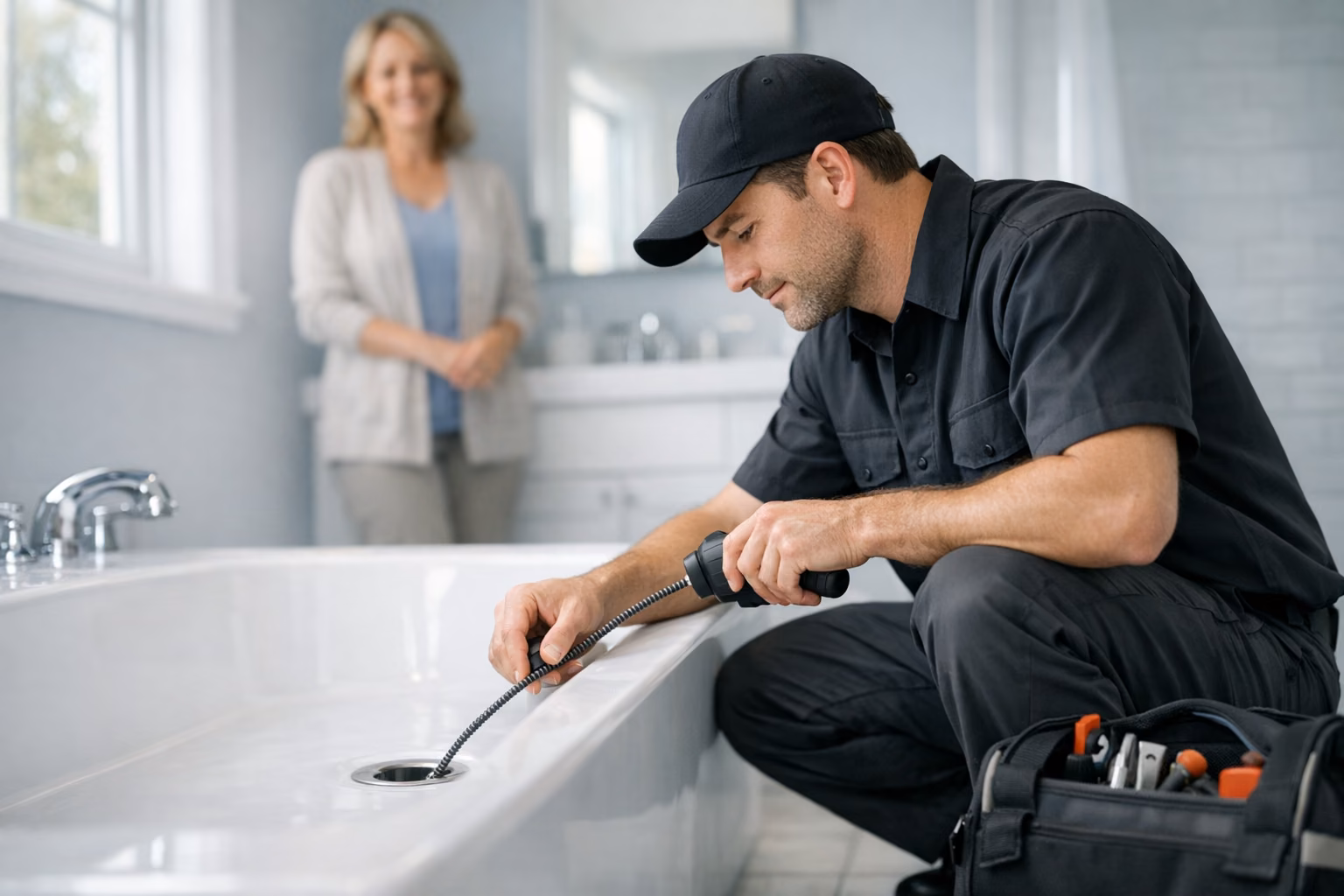 Drain technician working on a bathtub drain in a bright bathroom