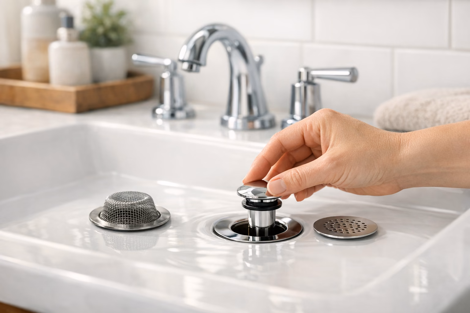 Hand lifting a sink drain stopper to clear debris