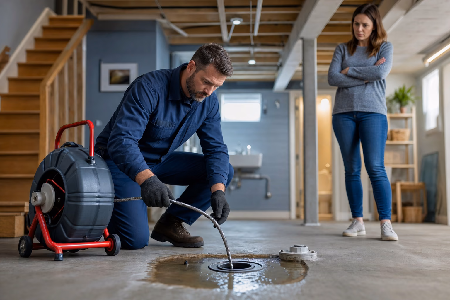 Technician addressing a main sewer line backup with standing water