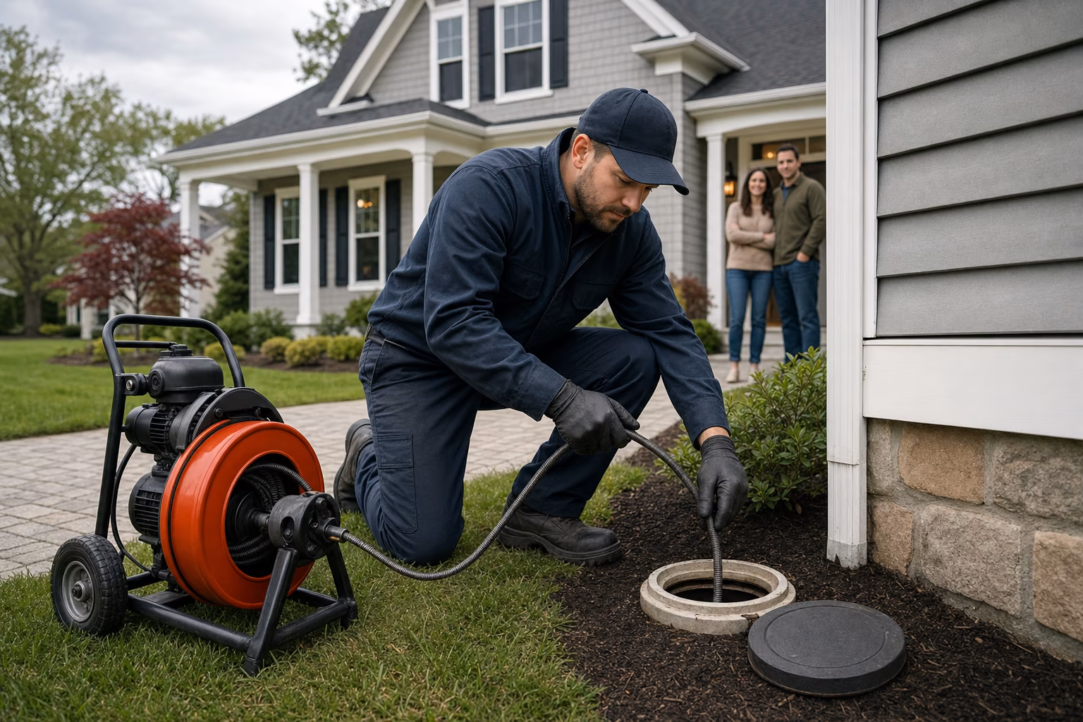 Technician cleaning a main sewer line at a residential cleanout