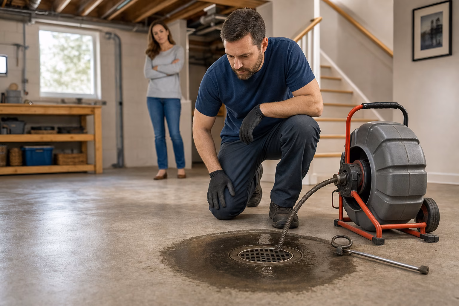 Technician working on a basement floor drain backup