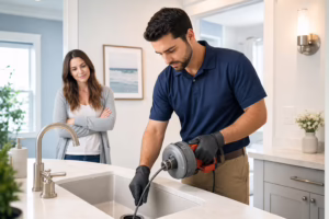 Technician performing professional drain cleaning at a kitchen sink