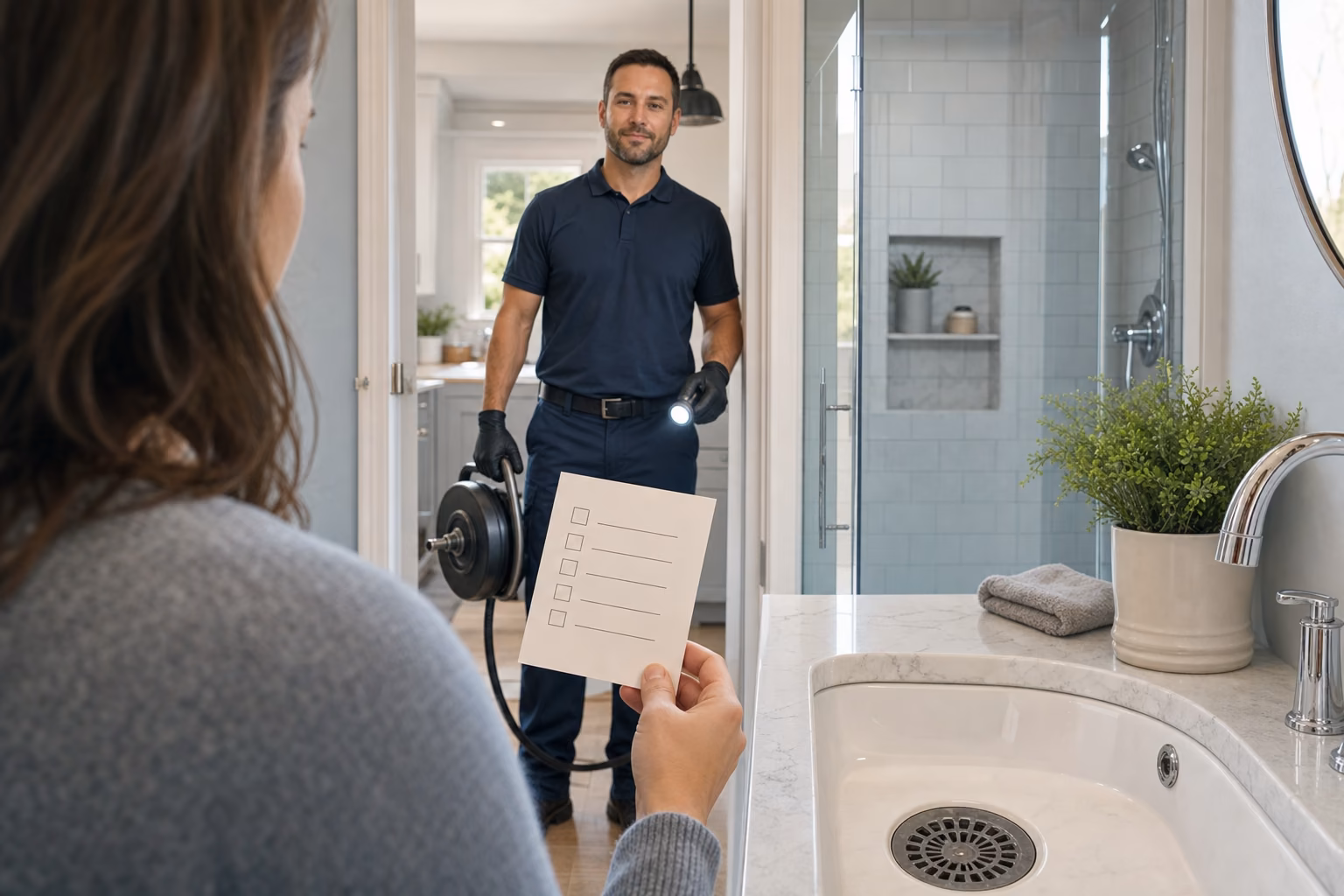 Homeowner reviewing questions before booking a drain cleaning