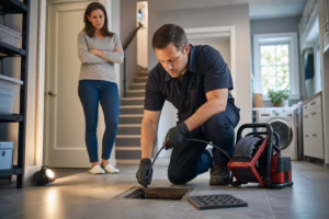 Sewer cleaning technician responding to a drain call in a home