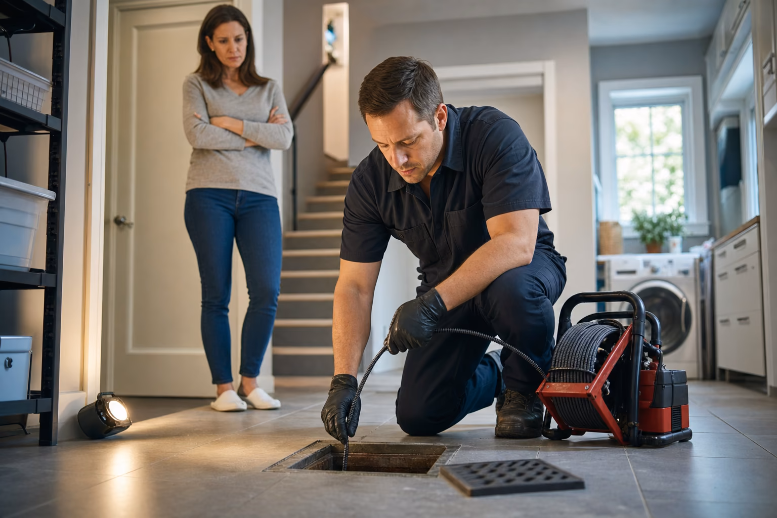 Sewer cleaning technician responding to a drain call in a home