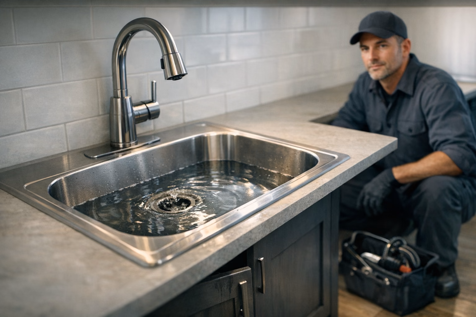 Kitchen sink drain with a technician working in the background