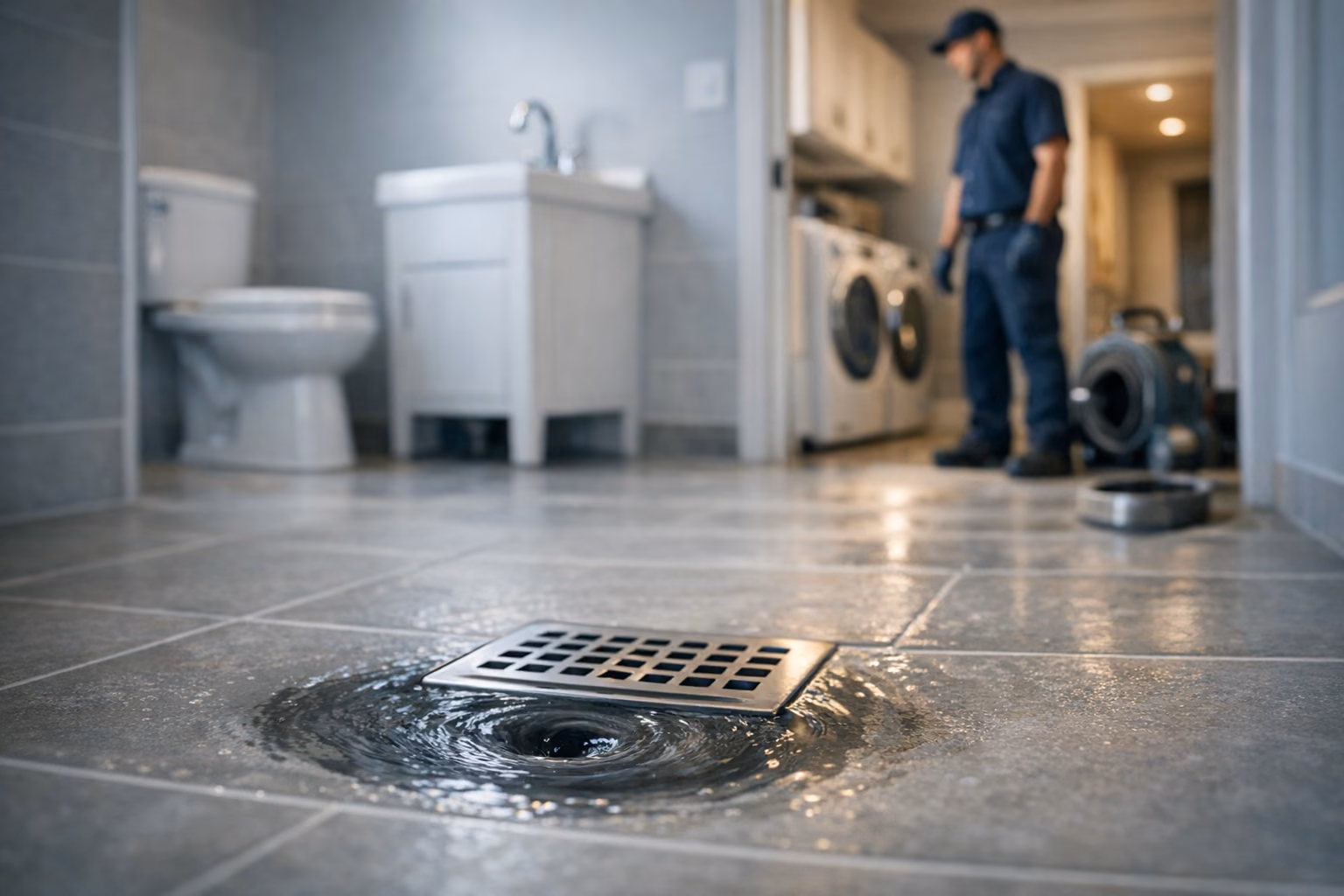 Basement floor drain with a technician working in the background
