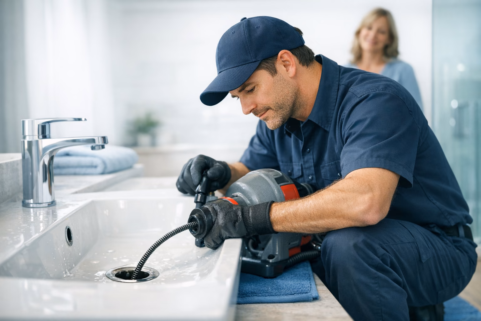 Technician clearing a bathroom sink drain with a powered auger