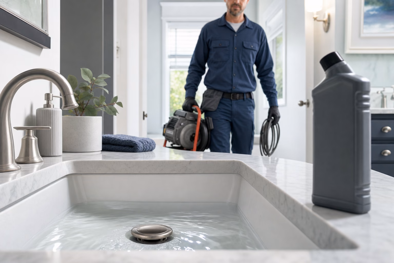 Bottle of chemical drain cleaner beside a sink as a technician approaches