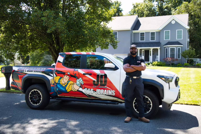 Just Drains technician with wrapped service truck