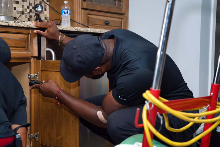 Plumber clearing clogged kitchen sink drain